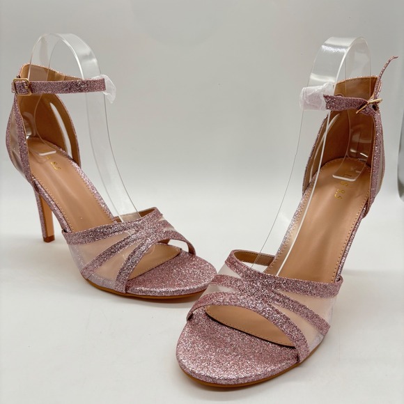 Perphy Glitter Ankle Strap Heels‎ Womens 8.5 Pink Open Toe Evening Party Shoes - Picture 1 of 10